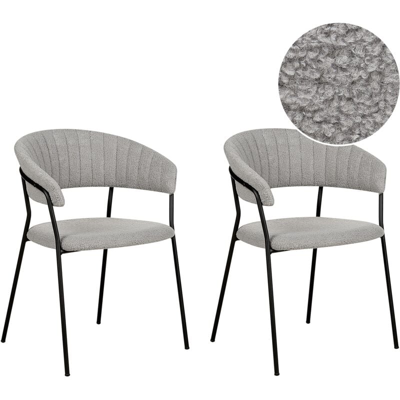 Set of 2 Modern Dining Chairs Fabric Boucle Upholstered Seat with Armrests Curved Back Black Legs Grey Mariposa