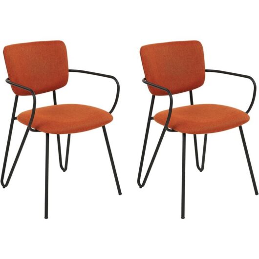 Set of 2 Modern Dining Chairs Fabric Structural Upholstered Seat Armless Curved Back Black Legs Orange Elko