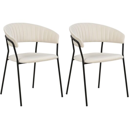 Set of 2 Modern Dining Chairs Fabric Velvet Upholstered Seat with Armrests Curved Back Black Legs Cream Mariposa