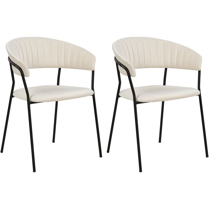 Set of 2 Modern Dining Chairs Fabric Velvet Upholstered Seat with Armrests Curved Back Black Legs Cream Mariposa