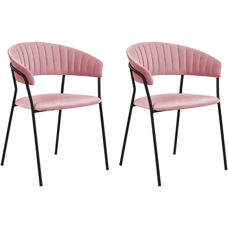 Set of 2 Modern Dining Chairs Fabric Velvet Upholstered Seat with Armrests Curved Back Black Legs Pink Mariposa