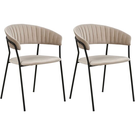Set of 2 Modern Dining Chairs Fabric Velvet Upholstered Seat with Armrests Curved Back Black Legs Taupe Mariposa