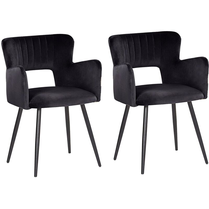 Set of 2 Modern Dining Chairs Velvet Seat with Armrests Tufted Back Black Sanilac