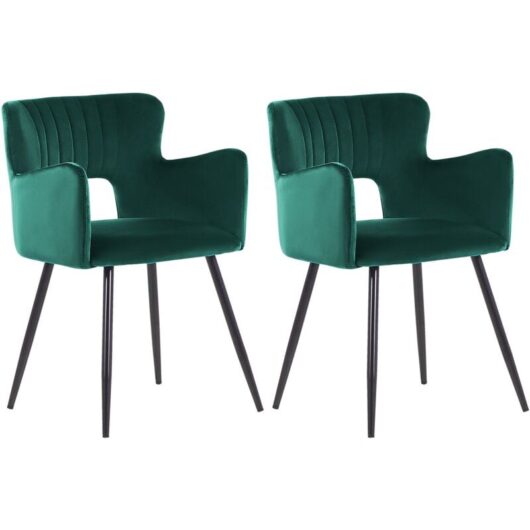 Set of 2 Modern Dining Chairs Velvet Seat with Armrests Tufted Emerald Green Sanilac
