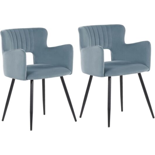 Set of 2 Modern Dining Chairs Velvet Seat with Armrests Tufted Light Blue Sanilac