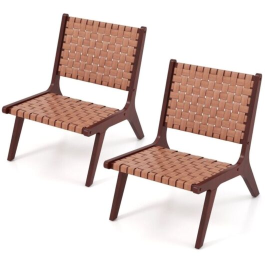 Set of 2 Modern Woven Leather Accent Chair Living Room Lounge Chair w/ Wood Frame