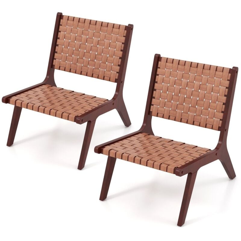 Set of 2 Modern Woven Leather Accent Chair Living Room Lounge Chair w/ Wood Frame