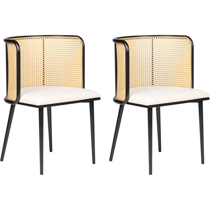 Set of 2 Retro Dining Chairs Fabric Seat Metal Frame Black Viennese Braid Light Wood Kobuk