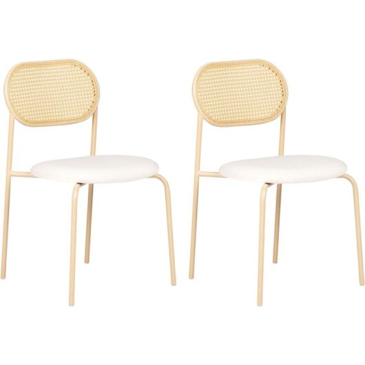 Set of 2 Retro Dining Chairs Fabric Seat Metal Frame Wood Effect Viennese Braid Light Wood Adaver