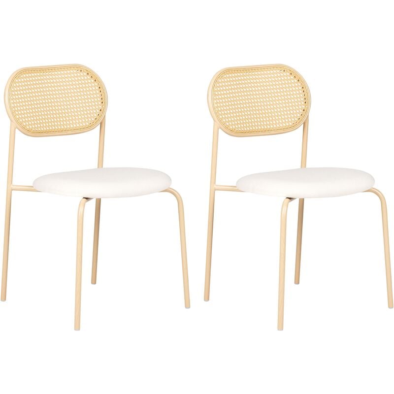 Set of 2 Retro Dining Chairs Fabric Seat Metal Frame Wood Effect Viennese Braid Light Wood Adaver