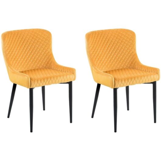 Set of 2 Velvet Dining Side Chairs Diamond Stitching Upholstery Yellow Solano