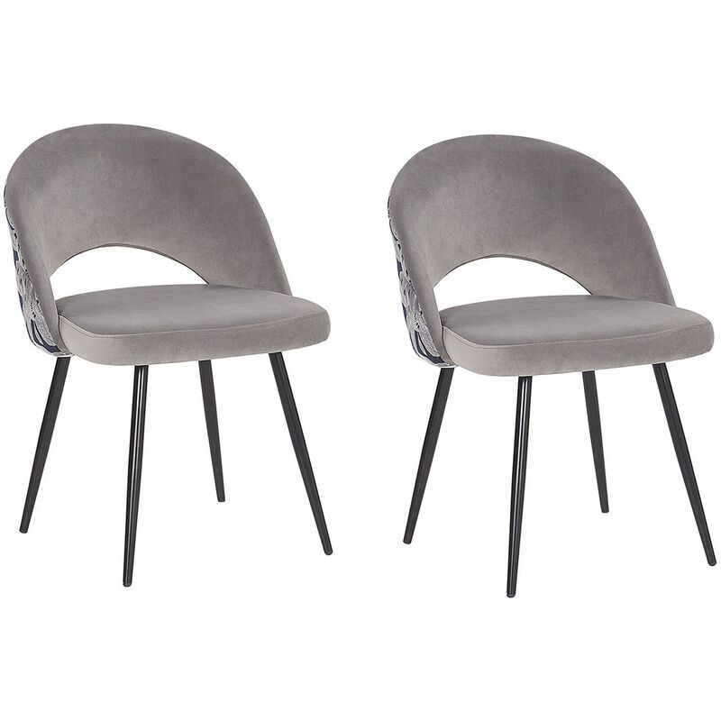 Set of 2 Vintage Velvet Dining Chairs Metal Legs Floral Pattern Grey Vivian