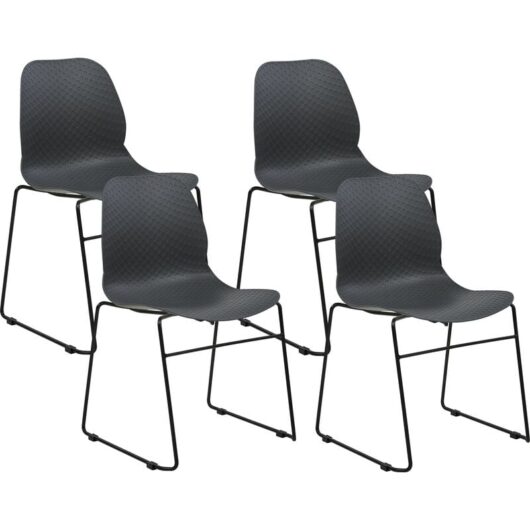 Set of 4 Chairs Plastic Steel Black Legs Stackable Armless Leg Caps Conference Chair Modern Scandinavian Design Dining Room Dark Grey Panora