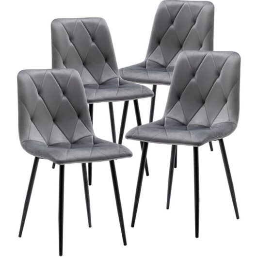Set of 4 Dining Chairs for Dining Room Living Room, Velvet Fabric Dining Chairs Set of 4 with Backrest Upholstered Seat Solid Metal Legs, Gray