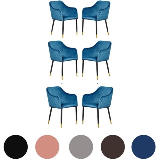 Set of 6 Verona Velvet Dining Chairs - Metal Legs w/ Gold End Caps - Dining Room Chair - Upholstered Chair - Modern Dining Chair - Blue
