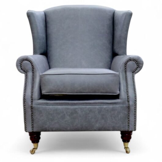 Southwold Chesterfield Wing Chair Fireside High Back Leather Armchair Cracked Wax Ash Grey Leather