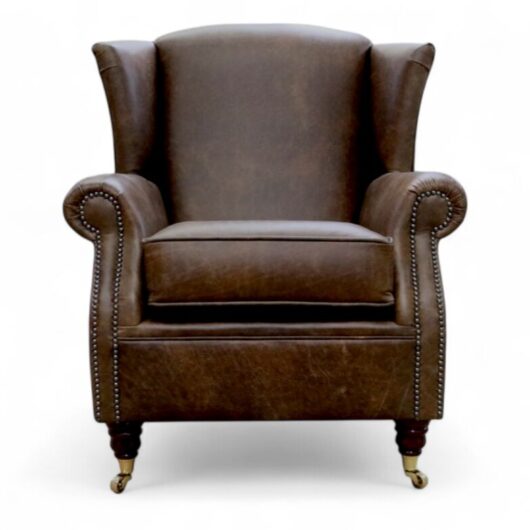 Southwold Chesterfield Wing Chair Fireside High Back Leather Armchair Cracked Wax Tobacco Leather