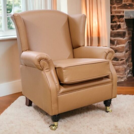 Southwold Wing Chair Fireside High Back Leather Armchair Birch Camel Leather