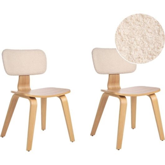 Traditional Style Set of 2 Dining Chairs Upholstered Seat Boucle Light Wood and Beige Lucinda