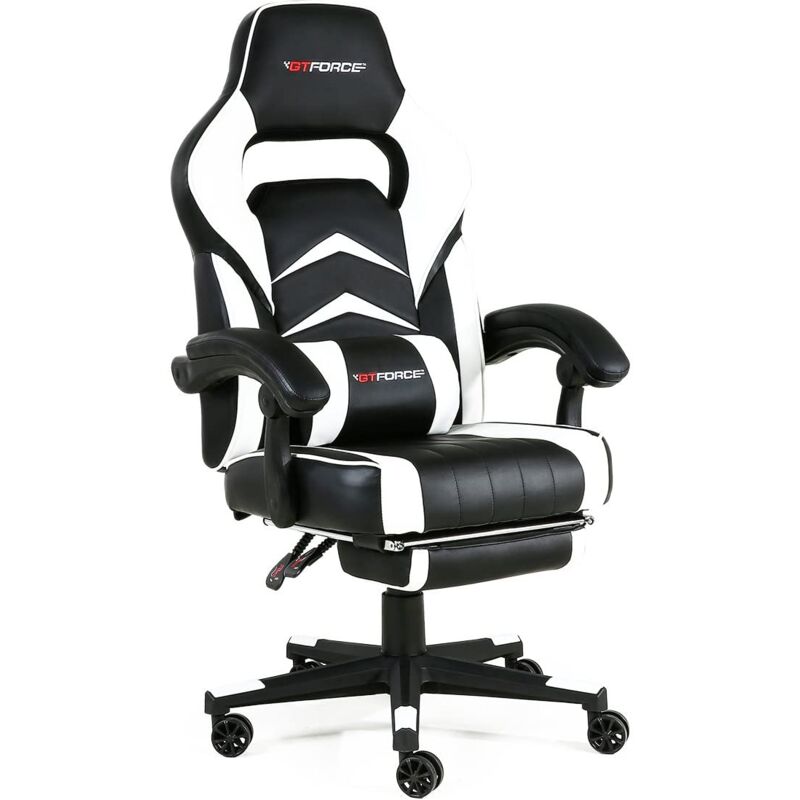 Turbo white leather racing sports office chair in black and blue - Gtforce