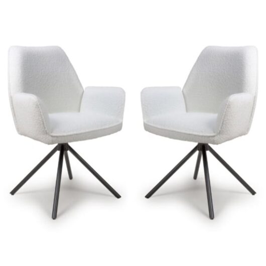 Utica Ivory Boucle Carver Snuggly Fabric Dining Chairs In Pair