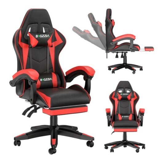 Vedio Gaming Chair with footrest, BIGZZIA Gamer Chairs with Lumbar Cushion + Headrest, black and red