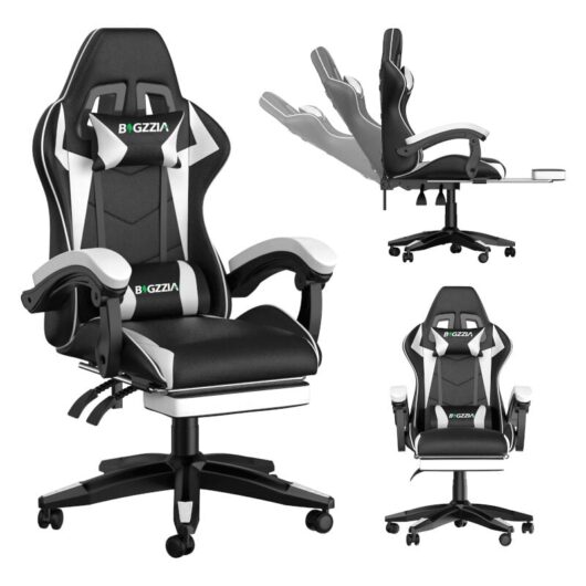Vedio Gaming Chair with footrest Bigzzia Gamer Chairs with Lumbar Cushion + Headrest, black and white