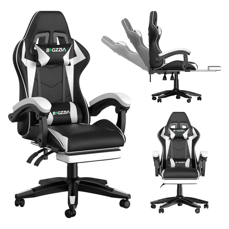 Vedio Gaming Chair with footrest Bigzzia Gamer Chairs with Lumbar Cushion + Headrest, black and white