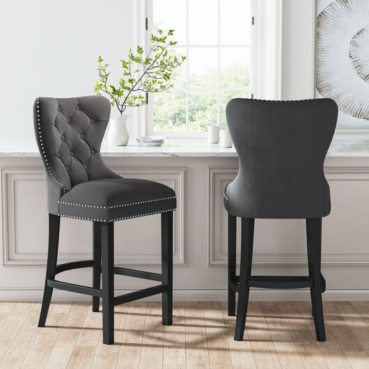 Vintage Velvet Buttoned Studded Dining Chair, Dark Grey