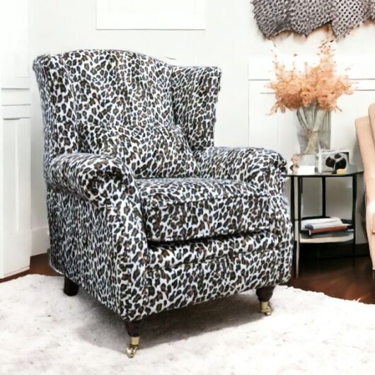 Wing Chair Fireside High Back Armchair Cream Leopard