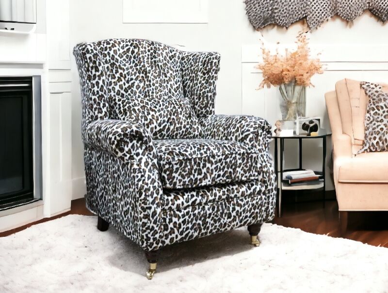 Wing Chair Fireside High Back Armchair Cream Leopard