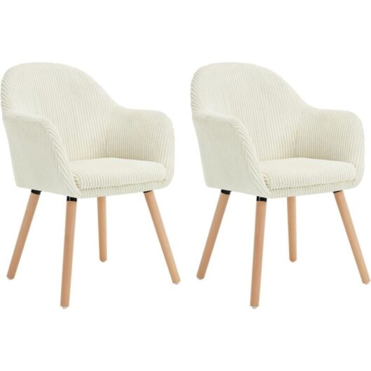 2x Corduroy Dining Chairs Accent Chair Armchair with Solid Wood Legs Living Room Cream - Woltu