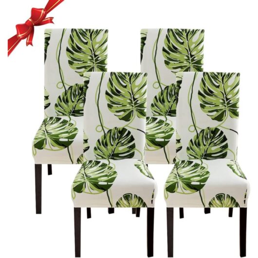4 Pieces Stretch Dining Chair Covers, Washable Universal Chair Covers, Beige Leaves Chair Cover