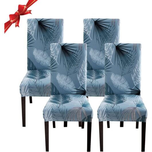4 Pieces Stretch Dining Chair Covers, Washable Universal Chair Slipcovers, Chair Cover, Blue Leaves