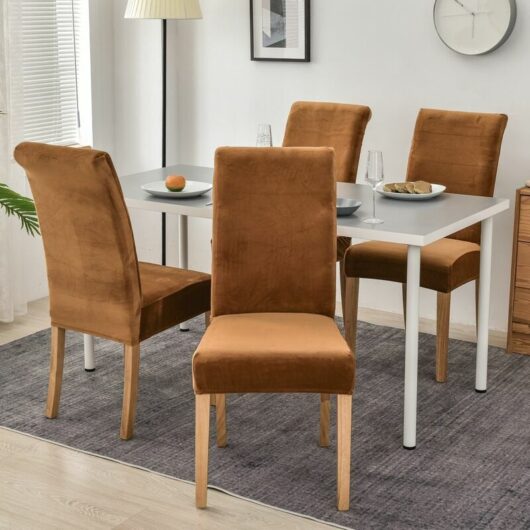 4pcs Velvet Chair Cover, Stretch Spandex with Elastic Band, Large Velvet Lady Dining Chair for Restaurant Hotel Party Banquet Camel