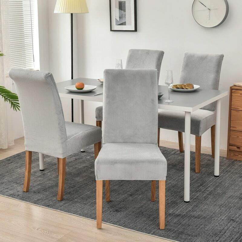 4pcs Velvet Chair Cover, Stretch Spandex with Elastic Band, Large Velvet Lady Dining Chair for Restaurant Hotel Party Banquet Light Gray