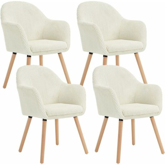 4x Corduroy Dining Chairs Accent Chair Armchair with Solid Wood Legs Living Room Cream - Woltu
