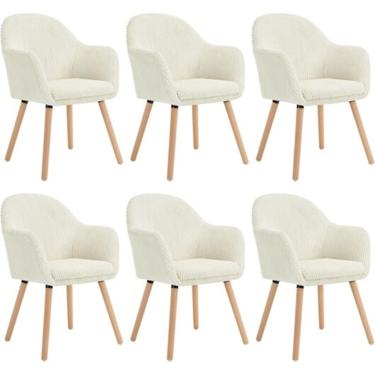 6x Corduroy Dining Chairs Accent Chair Armchair with Solid Wood Legs Living Room Cream - Woltu