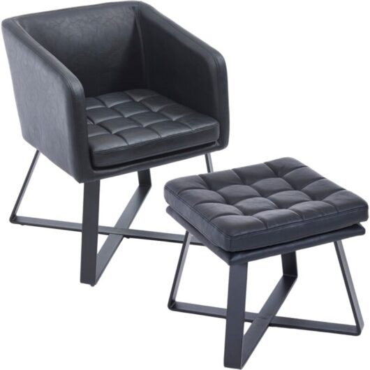 Accent Chair in pu Leather Padded Armchair with Footstool Modern Leisure Chair with Metal Legs for Bedroom Living Room Office, Black, Wahson