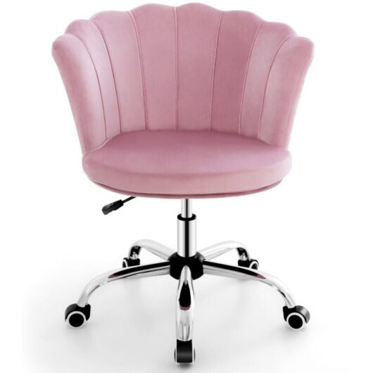 Adjustable Vanity Chair Upholstered Velvet Arm Chair w/Wheels-Pink