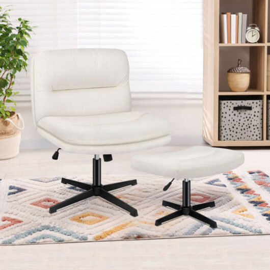 Armless Office Chair with Ottoman, Wide Seat Criss Cross-legged Desk Chairs No Wheels, Mid-back, Velvet, Beige - Elfordson