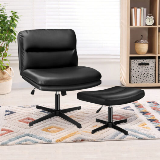 Armless Office Chair with Ottoman, Wide Seat Criss Cross-legged Desk Chairs No Wheels, Mid-back, pu Leather, Black - Elfordson