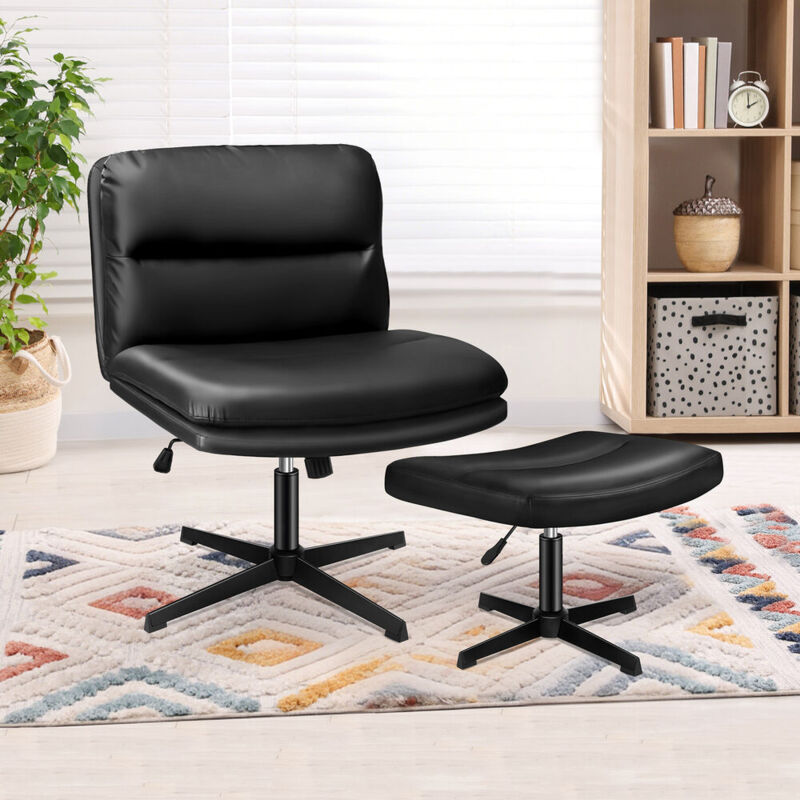 Armless Office Chair with Ottoman, Wide Seat Criss Cross-legged Desk Chairs No Wheels, Mid-back, pu Leather, Black - Elfordson