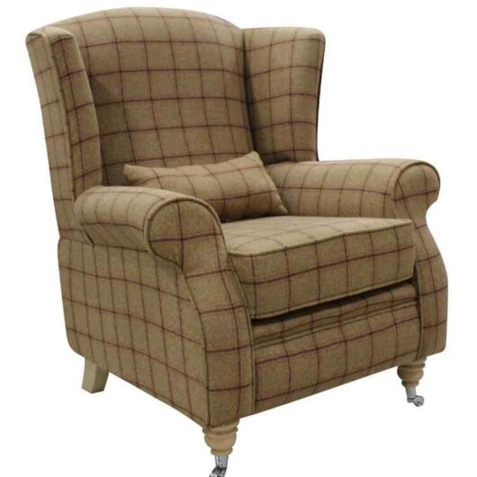 Arnold Wool Tweed Wing Chair Fireside High Back Armchair Althrop Mandarin Check Fabric