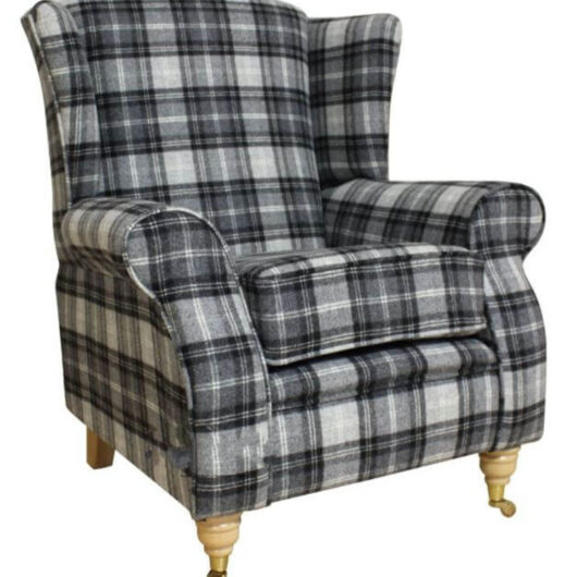 Arnold Wool Tweed Wing Chair Fireside High Back Armchair Fernie Grey Check Fabric