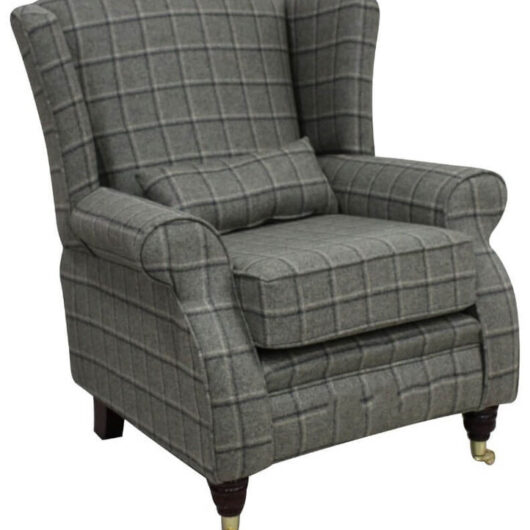 Arnold Wool Tweed Wing Chair Fireside High Back Armchair Harewood Graphite Check Fabric
