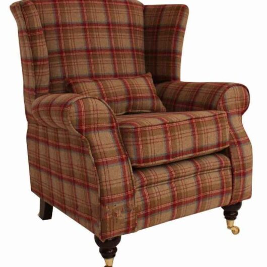 Arnold Wool Tweed Wing Chair Fireside High Back Armchair Heritage Scarlet Check Fabric