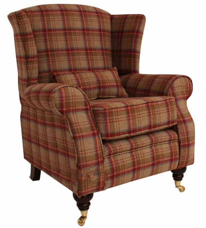 Arnold Wool Tweed Wing Chair Fireside High Back Armchair Heritage Scarlet Check Fabric