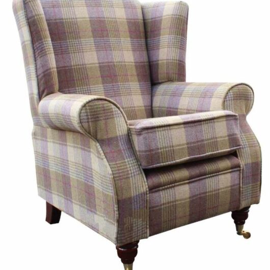 Arnold Wool Tweed Wing Chair Fireside High Back Armchair Hunting Tower Grape Check Fabric
