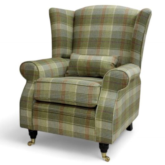 Arnold Wool Tweed Wing Chair Fireside High Back Armchair Hunting Tower Hemp Check Fabric